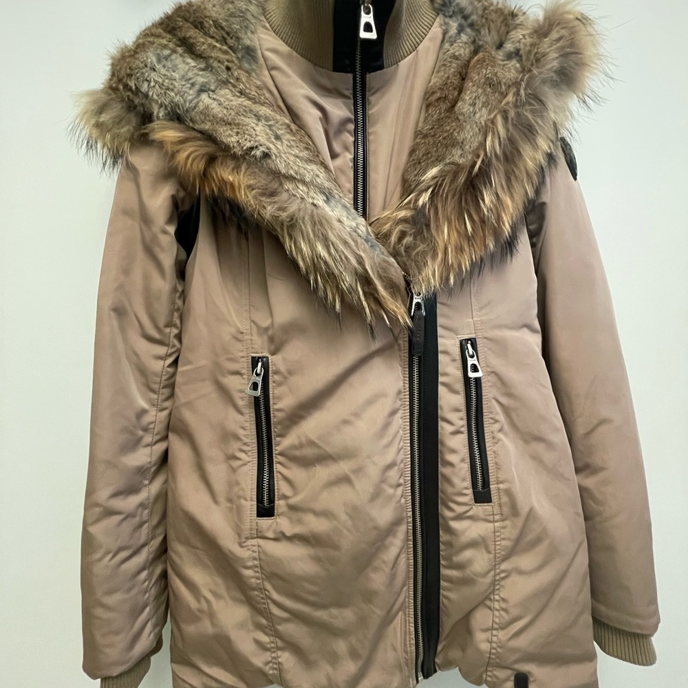 Rudsak Women's Tan Fur hooded leather trim down Jacket